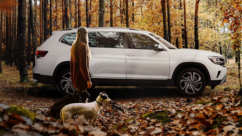 Imagen de camioneta de lujo Teramont 2021 en color blanco en un bosque.