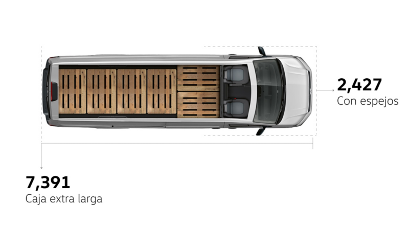 Diagrama de medidas del Nuevo Crafter Cargo Van, caja extra larga, vista cenital