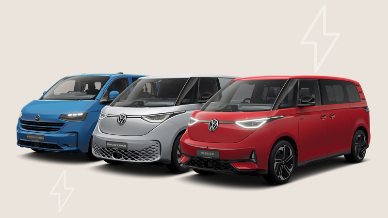 Image showing a range of VW ID. Buzz vans against a plain studio background. 