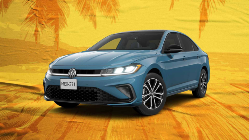 Jetta de Volkswagen, versión Sportline. Modelo en color exterior azul sobre fondo veraniego.