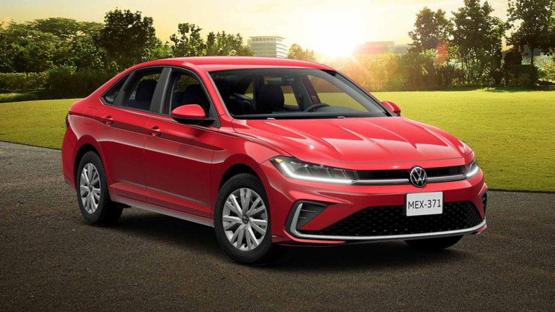 Volkswagen Jetta 2026 color rojo estacionado en camino asfaltado.