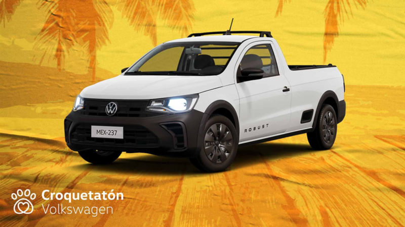 Saveiro de Volkswagen con logotipo de Croquetatón. Camioneta pick up en color blanco.