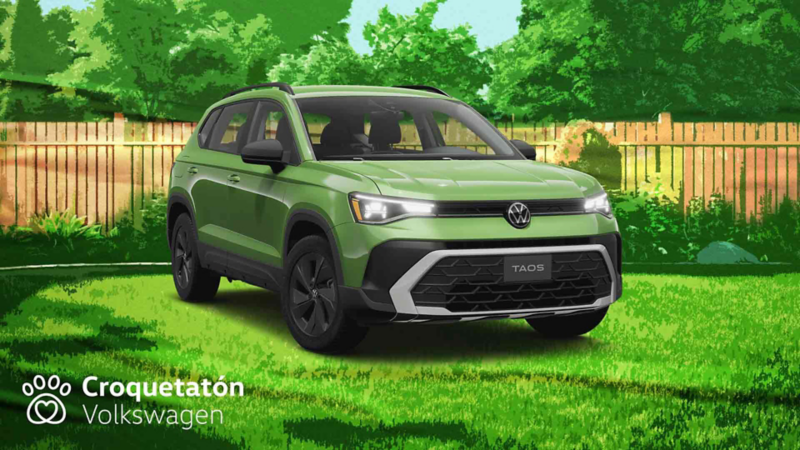 Volkswagen Taos con logotipo de Croquetatón. Modelo de SUV en color exterior verde sobre fondo que emula un jardín. 