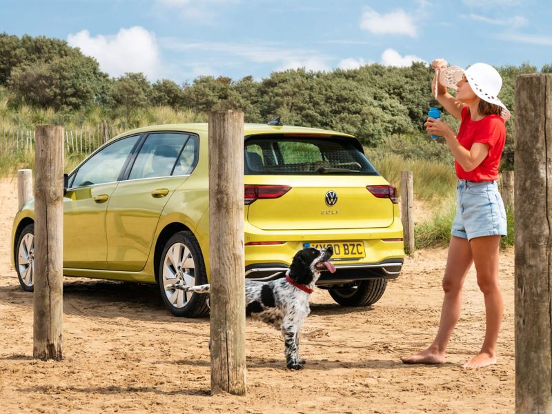Woman playing with a dog on a beach. There is a yellow Golf 8 in the background.
