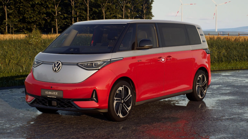 Virtuelle Darstellung eines VW ID. BuzzGTX 4MOTION langer Radstand der vor einem Feld steht.