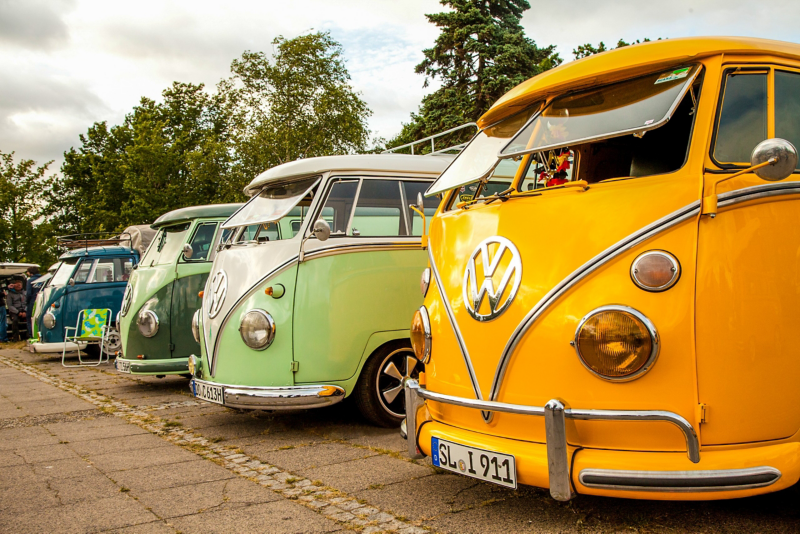 Vintage Volkswagen Kombis parked in a line 