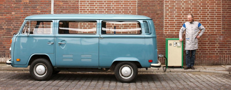 The Volkswagen T2 being charged at the charging station