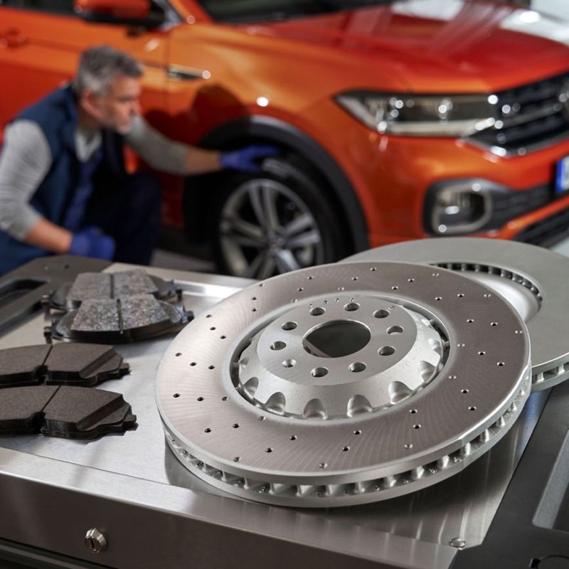 Volkswagen Genuine Brake Discs and Brake Pads on a roll container, in the background a VW T-Cross