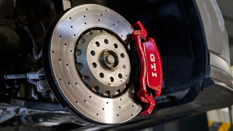 View of Volkswagen Genuine Brake Disc, Brake Calliper with “GTI” writing