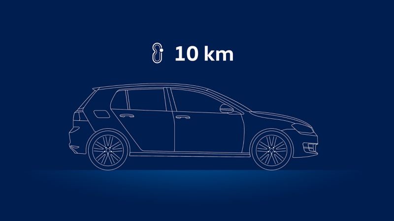 Illustration of a VW car and the advice to drive ten kilometres: checking the oil level