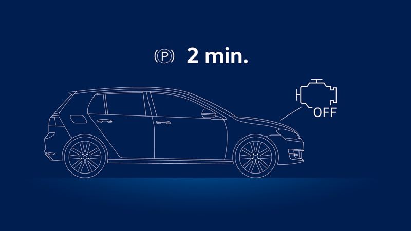 Illustration of a VW car and the advice to switch off the engine: checking the oil level