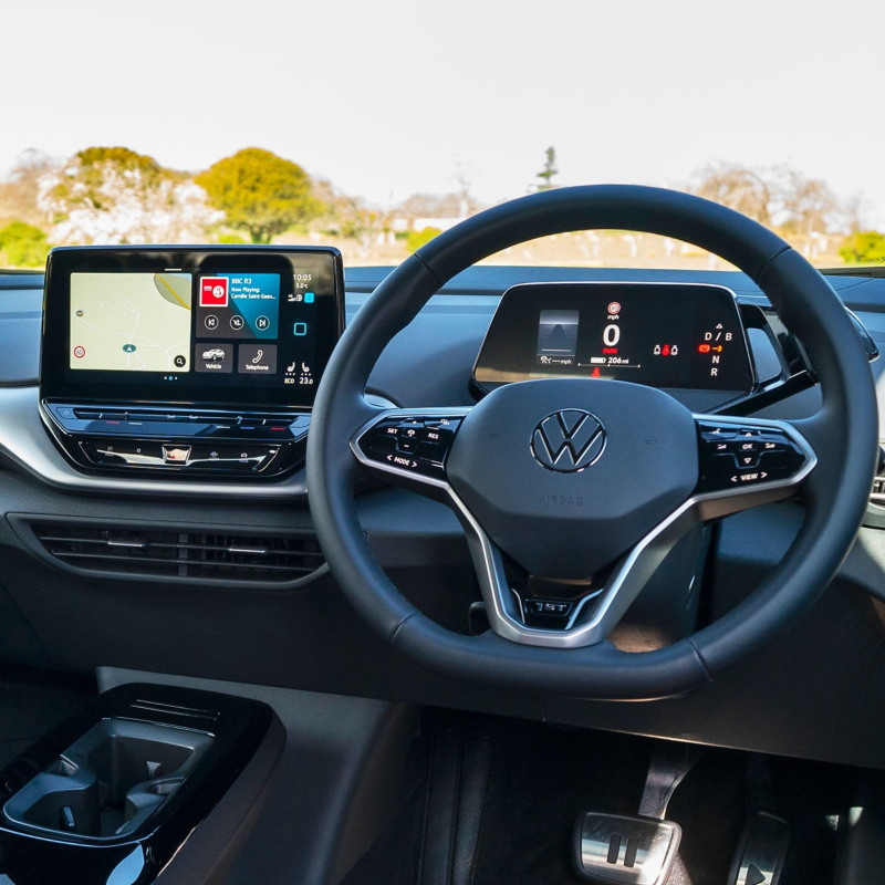 Interior of a VW ID.4 showing sat nav on the infotainment screen