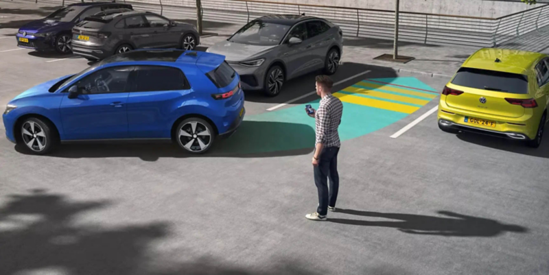 The schematic illustration uses a VW ID. Polo to show how Park Assist Pro works.
