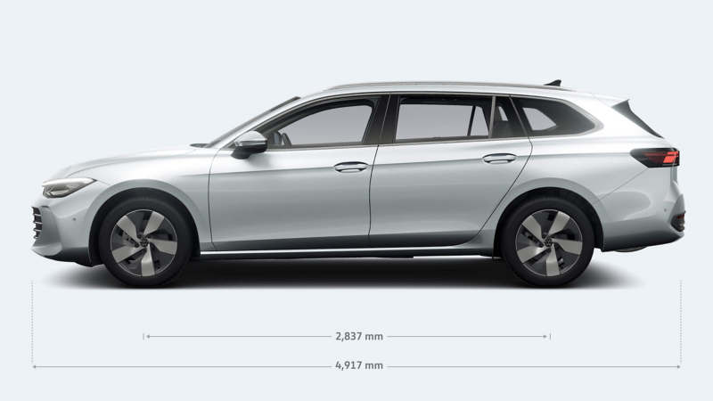 A side shot of a white Passat on a plain white background showing the measurements of the car