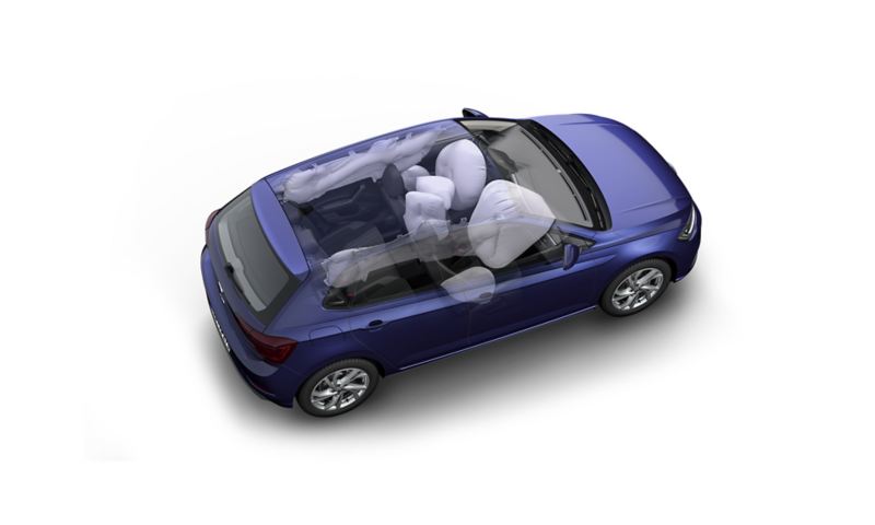 Grafik, der tydeliggør, hvordan airbaggene folder sig ud i VW Polo. 