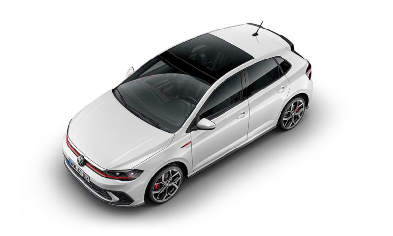 Vue du dessus d'une Volkswagen Polo GTI blanche avec l'option toit ouvrant coulissant panoramique.