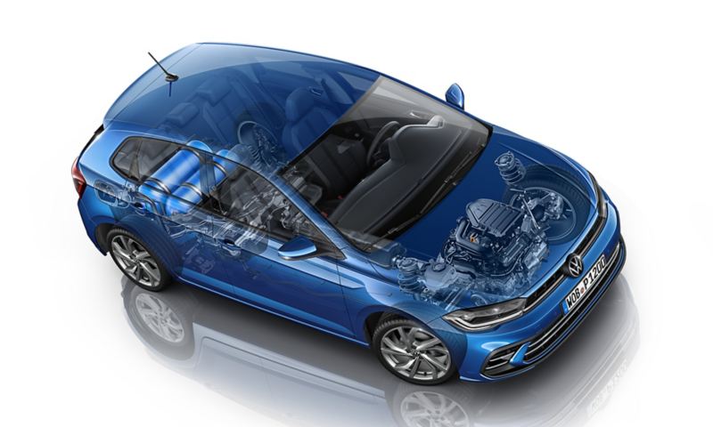 Illustrazione grafica della Volkswagen Nuova Polo che mostra la disposizione dei serbatoi di metano da 13,8 kg, di quello della benzina e del motore.