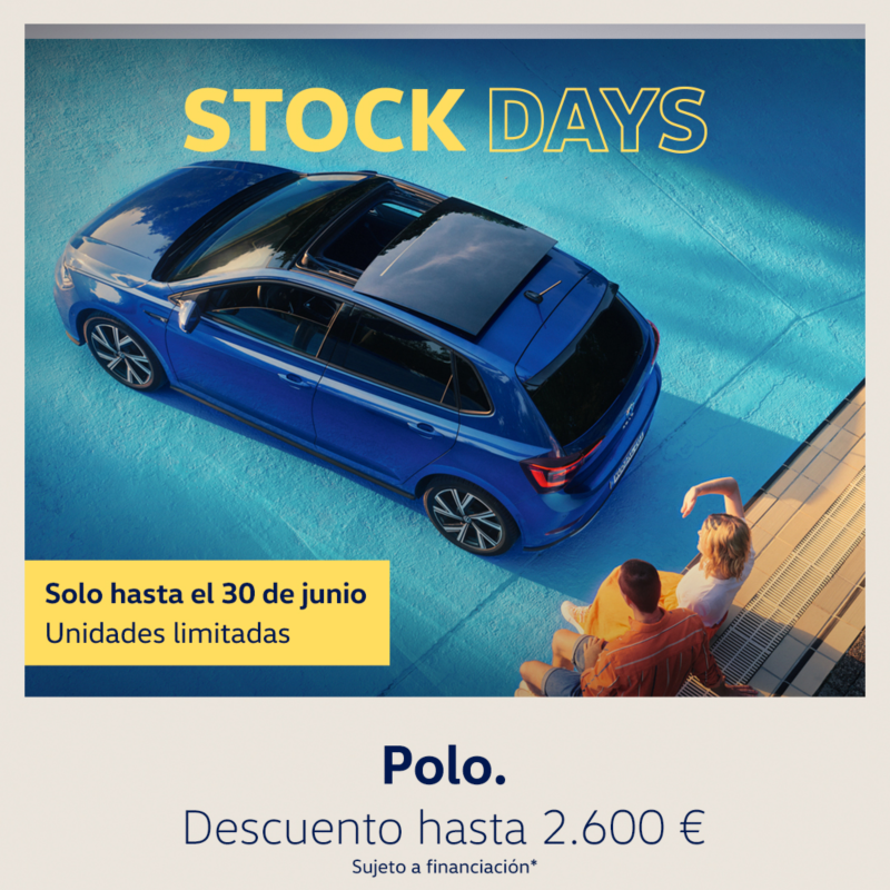 Volkswagen Polo azul, vista superior. Texto: Stock Days. Descuento hasta 2.600€. Sujeto a financiación. Solo hasta el 30 de junio. Unidades limitadas.