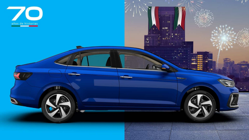Sedán Virtus de Volkswagen, edición 2024 en color azul. 