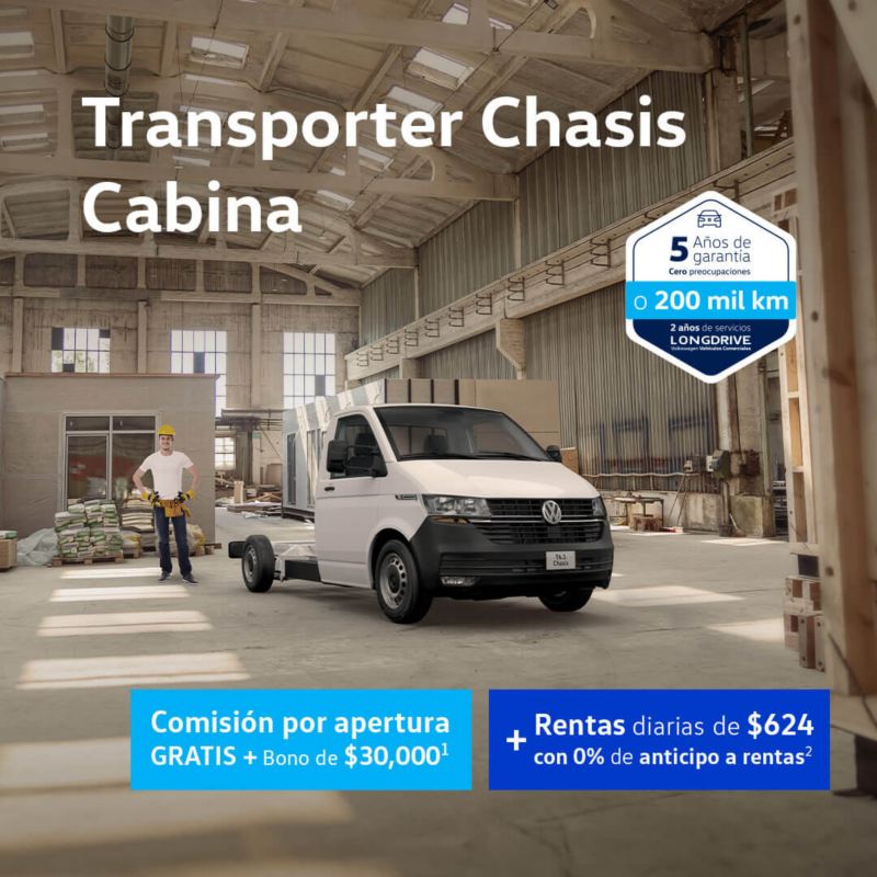 Adquiere un VW Transporter Chasis con comisión por apertura gratis y bono de $30,000