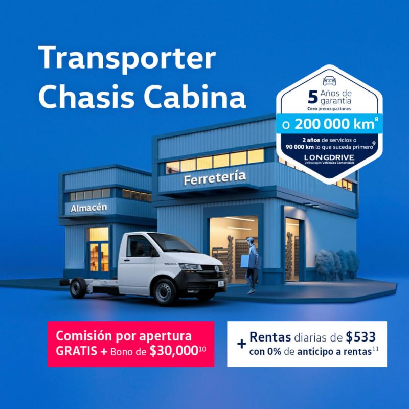 Compra un VW Transporter Chasis con comisión por apertura gratis y bono de $30,000