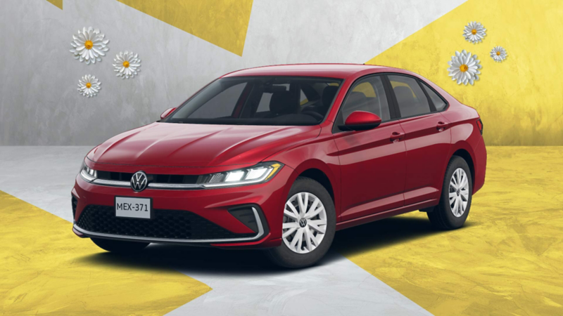 Sedán Volkswagen Jetta color rojo en vista de tres cuartos sobre piso gris.