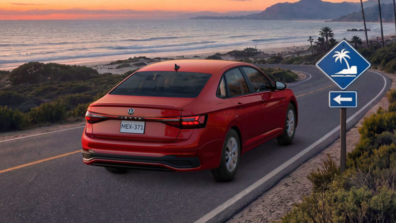 Volkswagen Jetta. Vista trasera de auto sedán de color rojo en carretera costera, con señalamientos de playa cercana. 