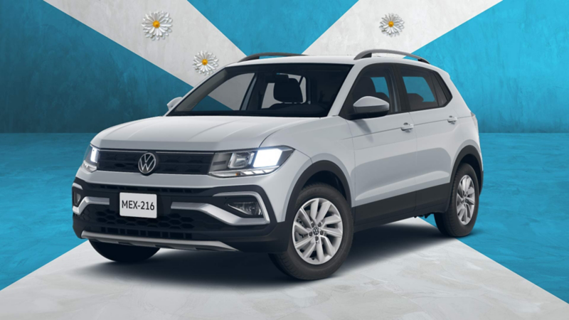 Camioneta Volkswagen Taigun gris en fondo de colores azul y gris. 