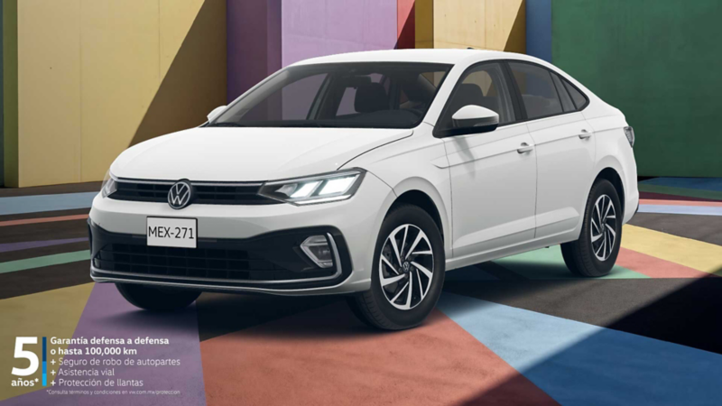 Volkswagen Virtus 2026. Sedán blanco para 5 pasajeros estacionado en espacio multicolor. 