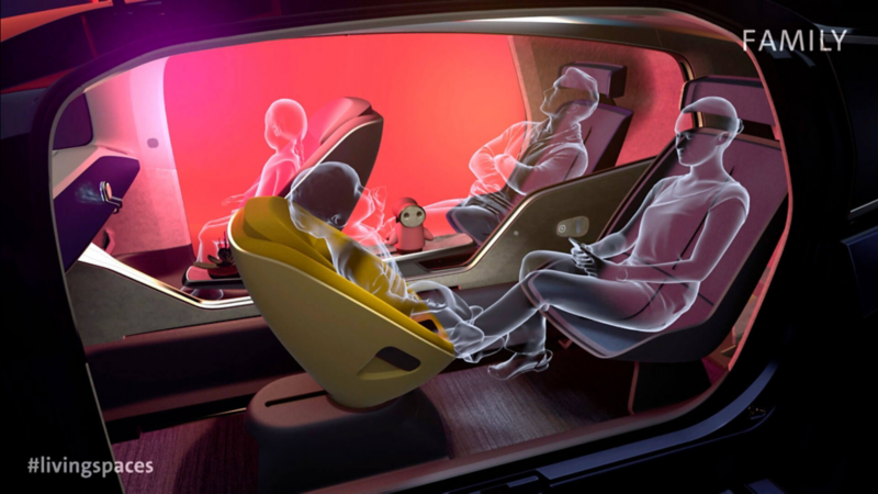 À l'intérieur du concept-car GEN.TRAVEL, des silhouettes de personnes fictives s'adonnent à divers loisirs.