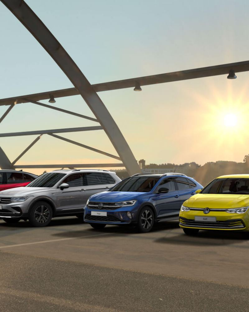 Une partie de la gamme Volkswagen : ID.5, Tiguan, Taigo, Golf et e-up!