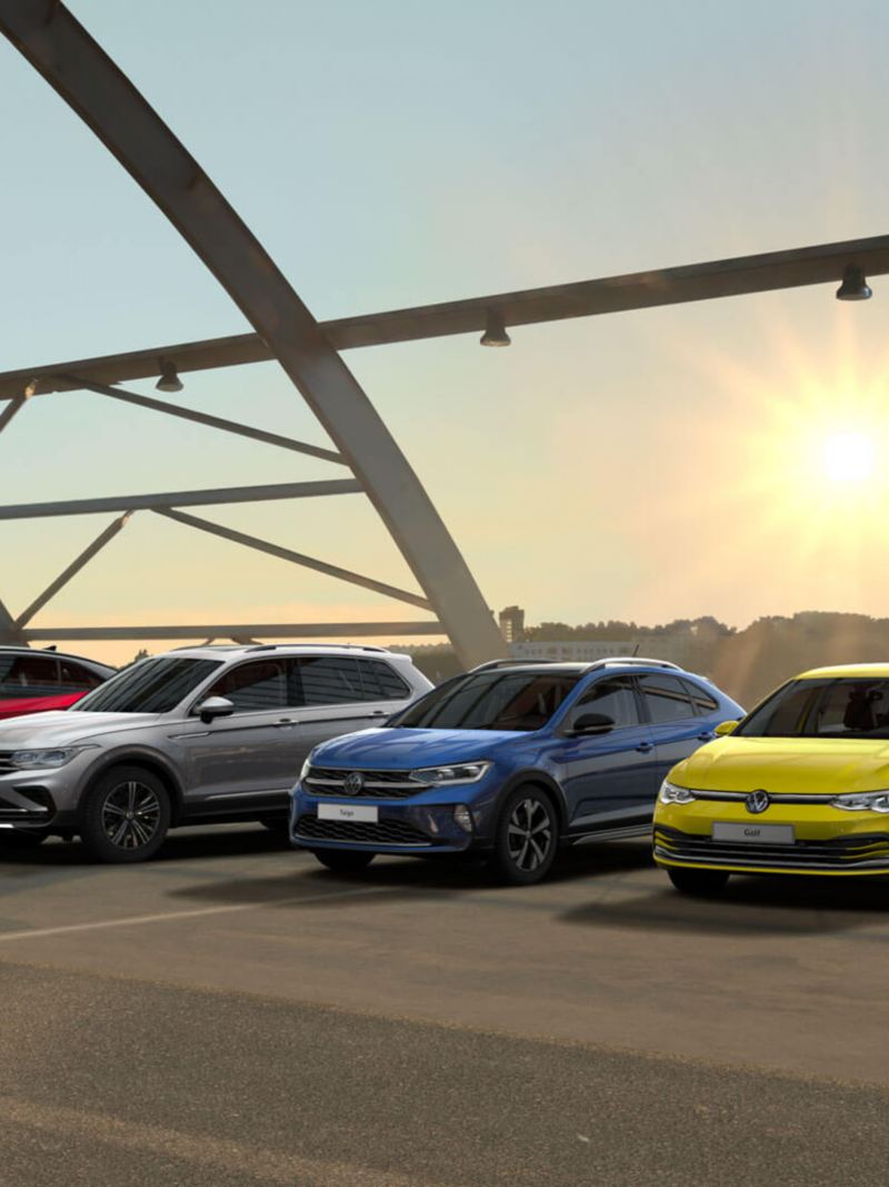 Une partie de la gamme Volkswagen : ID.5, Tiguan, Taigo, Golf et e-up!