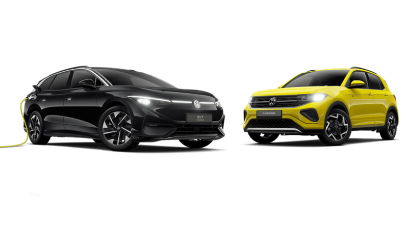 A VW T-Cross and ID.7 Tourer against a transparent background.
