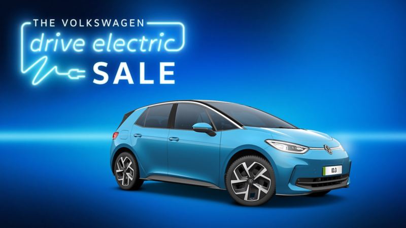 Drive Electric sale logo in neon style font with 3/4 view of the VW ID.3