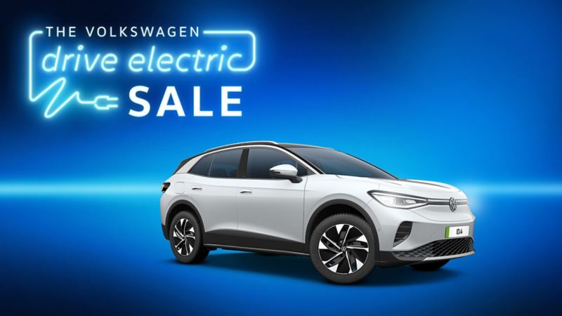 Drive Electric sale logo in neon style font with 3/4 view of the VW ID.4