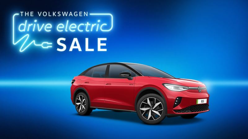 Drive Electric sale logo in neon style font with 3/4 view of the VW ID.5