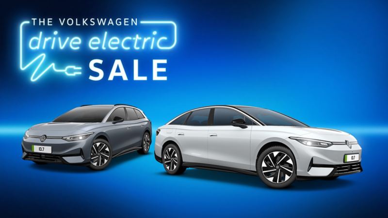 Drive Electric sale logo in neon style font with 3/4 view of the VW ID.7 and the ID.7 Tourer