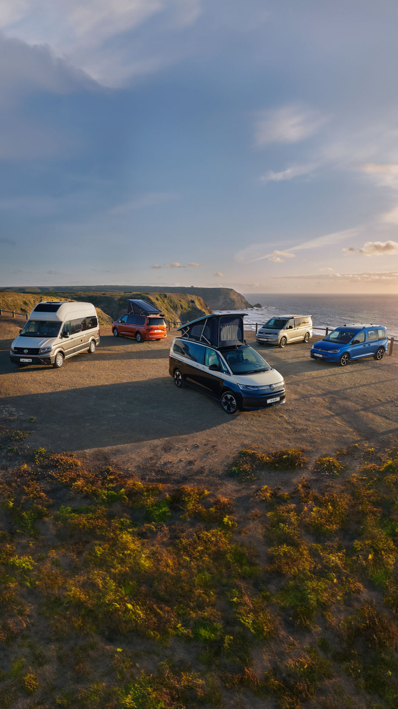 Photo showing a range of VW campers parked against an ocean coastline background. 