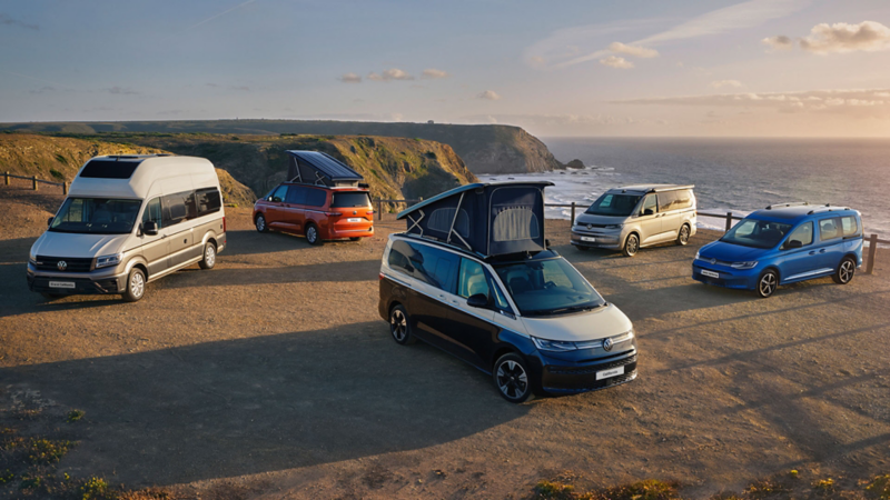 VW campers parked against an ocean coastline background. 