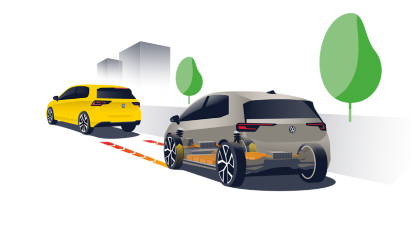 Illustration zeigt schematisch anhand eines VW ID.3 und eines VW Golf die Funktionsweise der Rekuperation.