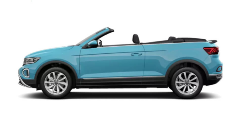 Vista lateral de un T-Roc Cabrio azul sobre fondo blanco con la capota bajada