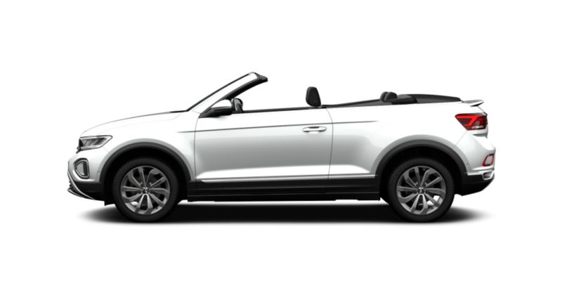 Volkswagen T-Roc Cabrio blanco visto de lado sobre fondo blanco