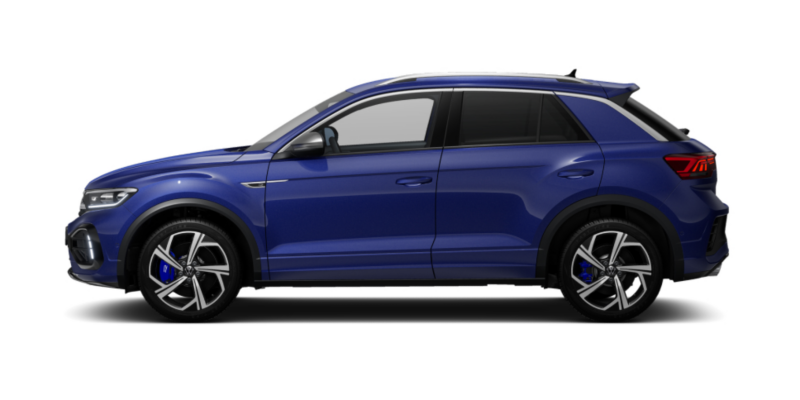 Vista lateral izquiera de un T-Roc R azul sobre fondo neutro de color blanco