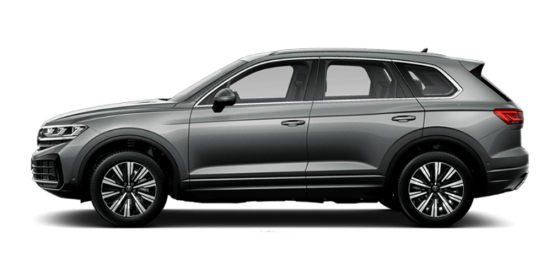 Volkswagen Touareg gris visto de costado sobre fondo blanco