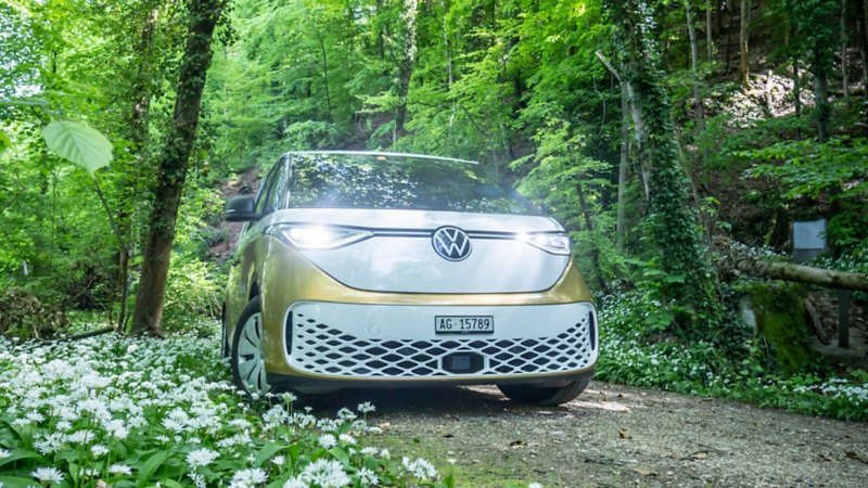 Un VW ID. Buzz blanc et or se trouve sur un chemin forestier, entouré de verdure dense et d’ail des ours en fleurs. Des rayons de soleil traversent les arbres et éclairent le véhicule, visible de face.