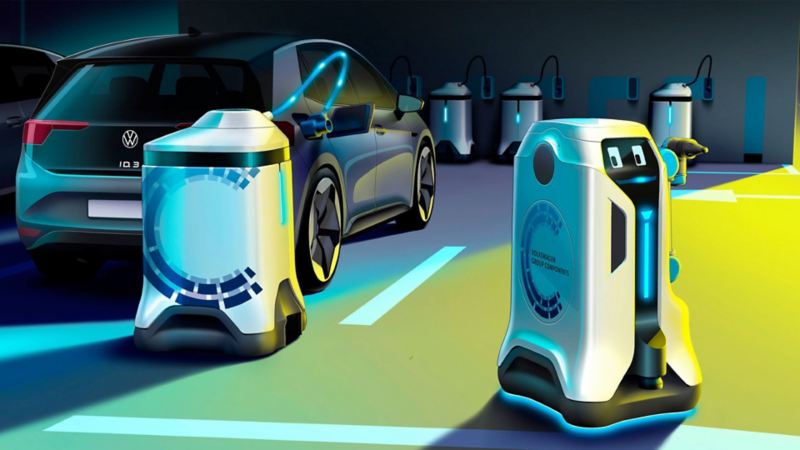 Imagen de diversos robots de carga eléctrica en acción creados por Volkswagen