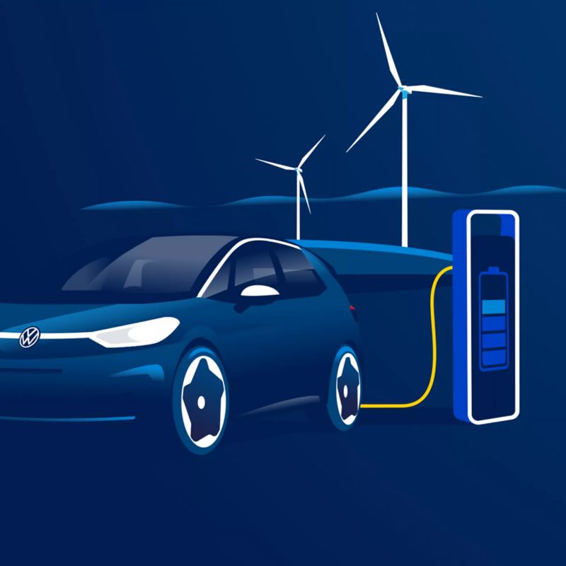 Illustration of a VW ID.3 plugged into a charger witha  wind farm in the background
