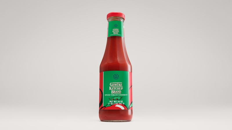 Gewürzketchup de Volkswagen. Botella de salsa catsup hecha para las currywurst. 