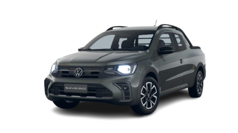 La imagen muestra una camioneta Volkswagen Saveiro color gris con diseño moderno y luces frontales LED, perfecta para combinar estilo y funcionalidad.