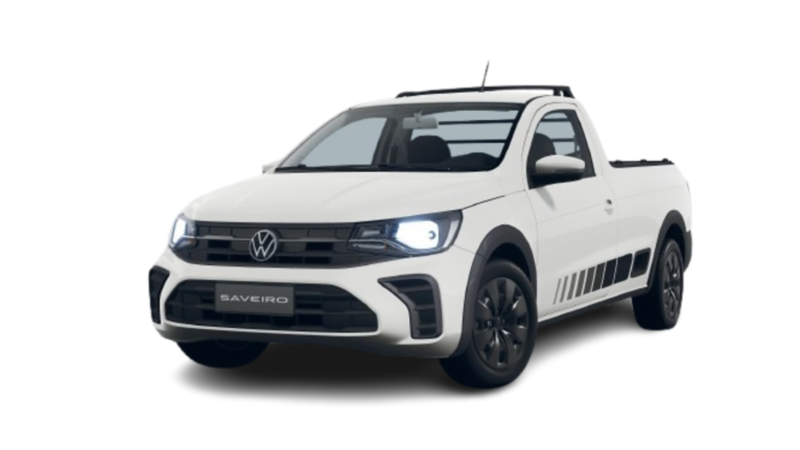 Camioneta Volkswagen Saveiro blanca de perfil frontal, destacando su diseño moderno y robusto.